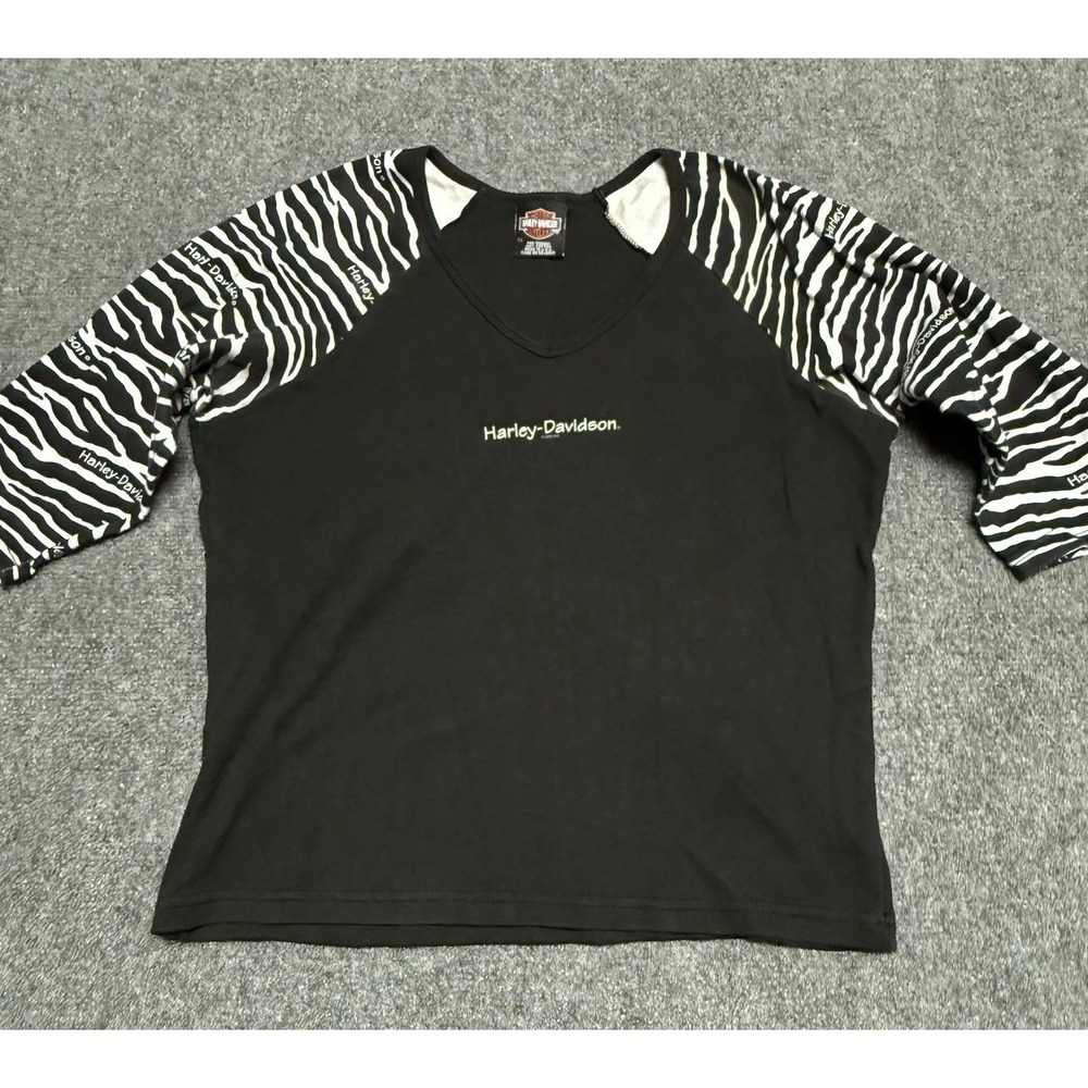 Harley Davidson Shirt Women XL Black 3/4 Sleeve Zebra Print Stuart Florida - Picture 1 of 8